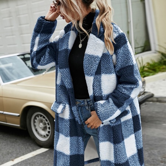 buffalo plaid teddy trench pea coat jacket khaki - Picture 3 of 11